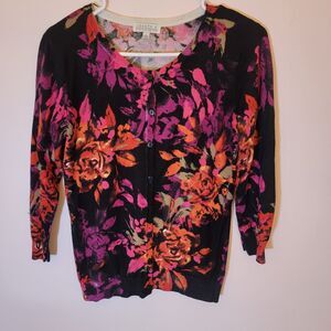Joseph A Bright Floral Print Button Up Sweater Black Pink Orange Size Small